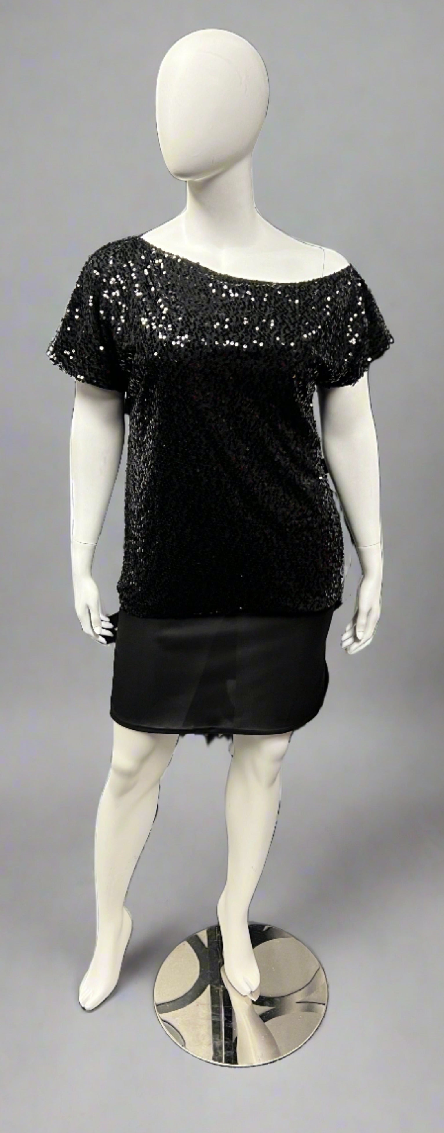 One Shoulder Sequin Top-Black Front