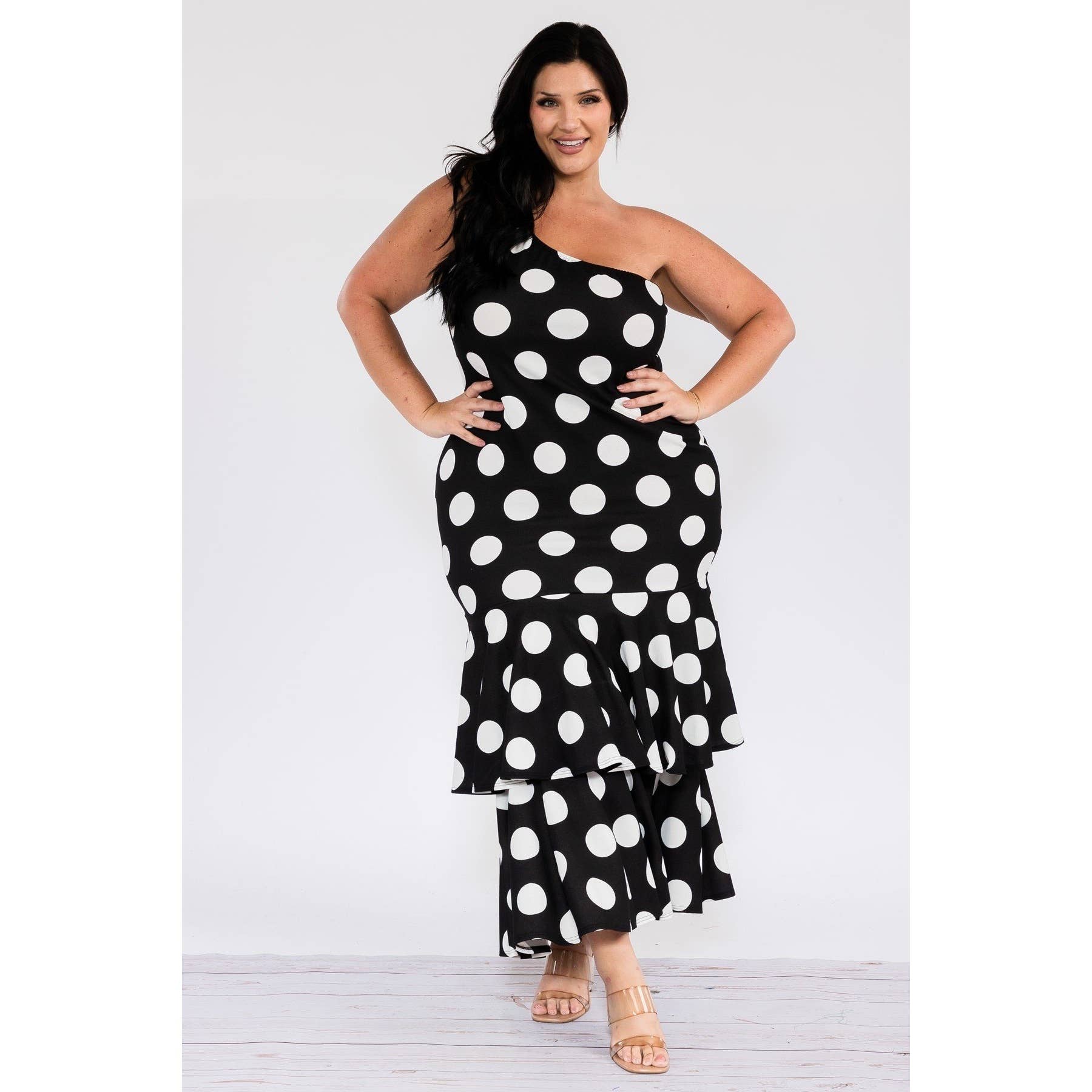 Polka Dot One Shoulder Ruffle Dress Rene' Tyler Plus Sizes 12 & Above Polka Dot One Shoulder Ruffle Dress Rene' Tyler Plus Sizes 12 & Above