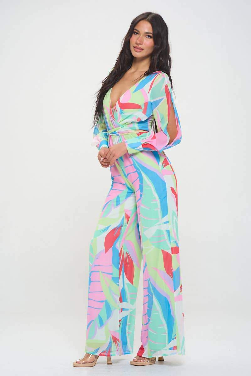 Colorful Palm Split Sleeve Jumpsuit