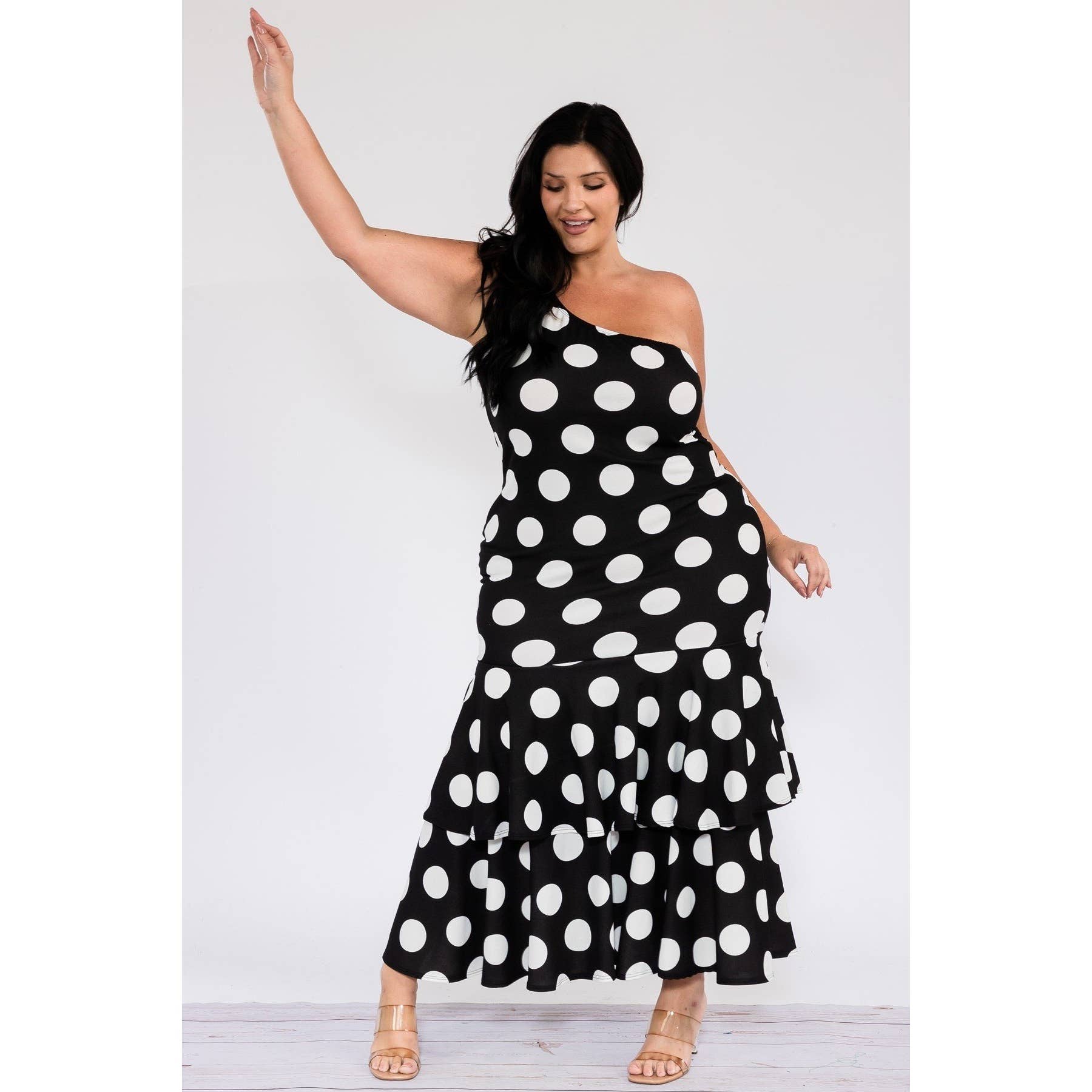 Polka Dot One Shoulder Ruffle Dress
