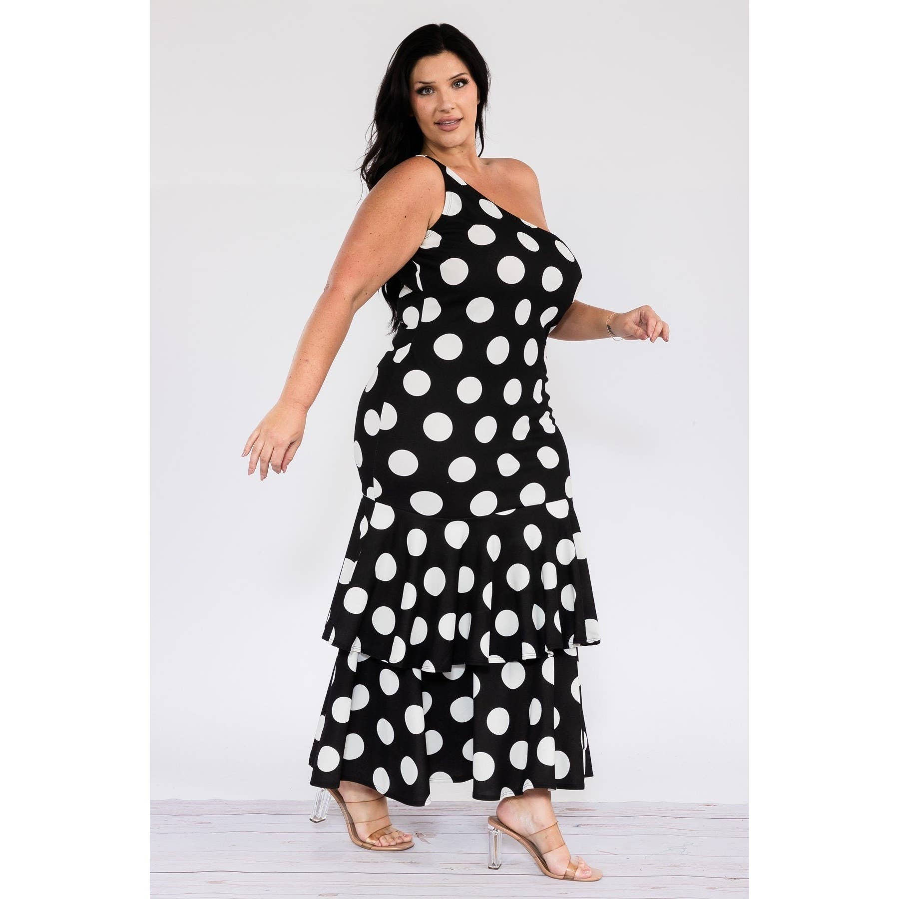 Polka Dot One Shoulder Ruffle Dress