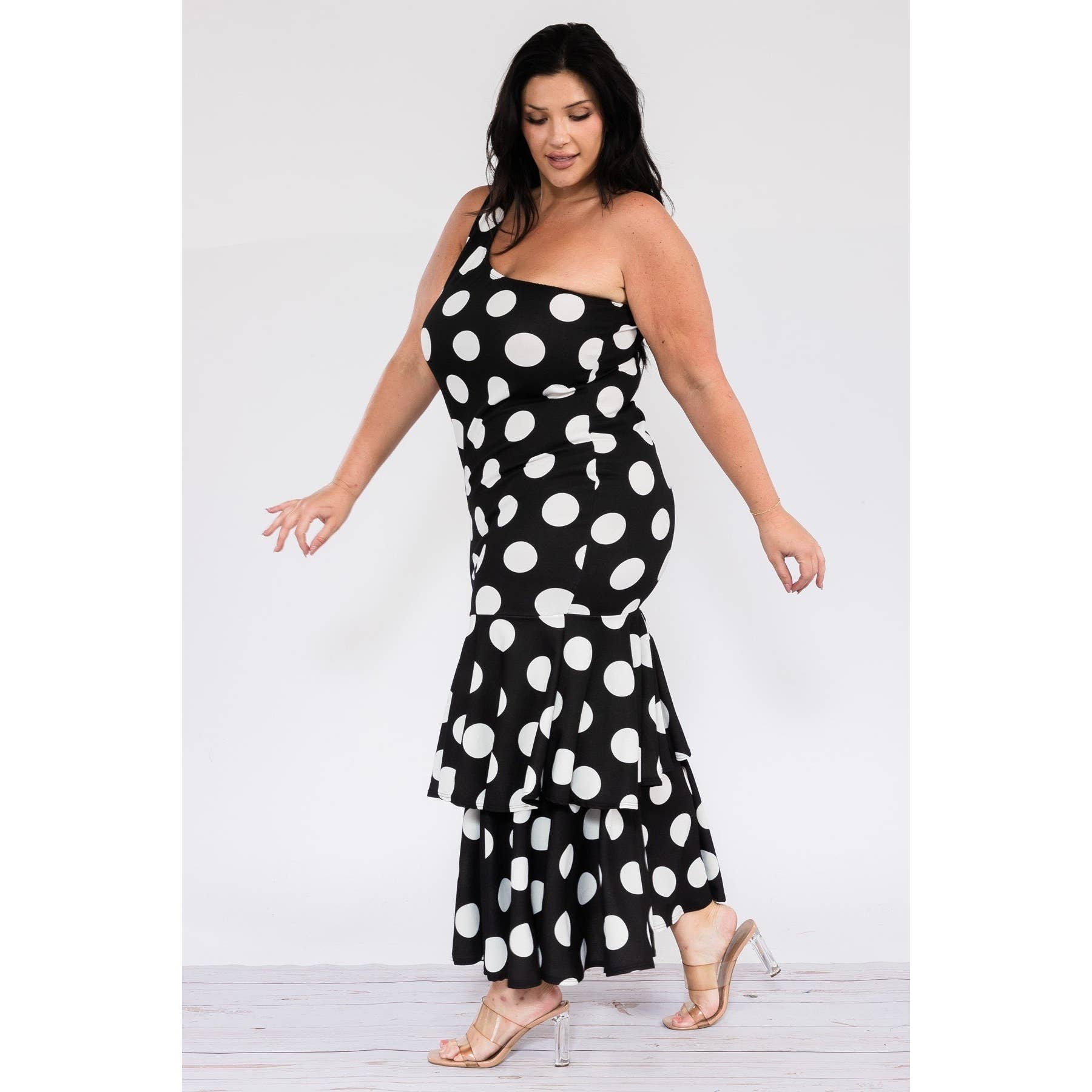 Polka Dot One Shoulder Ruffle Dress Rene' Tyler Plus Sizes 12 & Above Polka Dot One Shoulder Ruffle Dress Rene' Tyler Plus Sizes 12 & Above