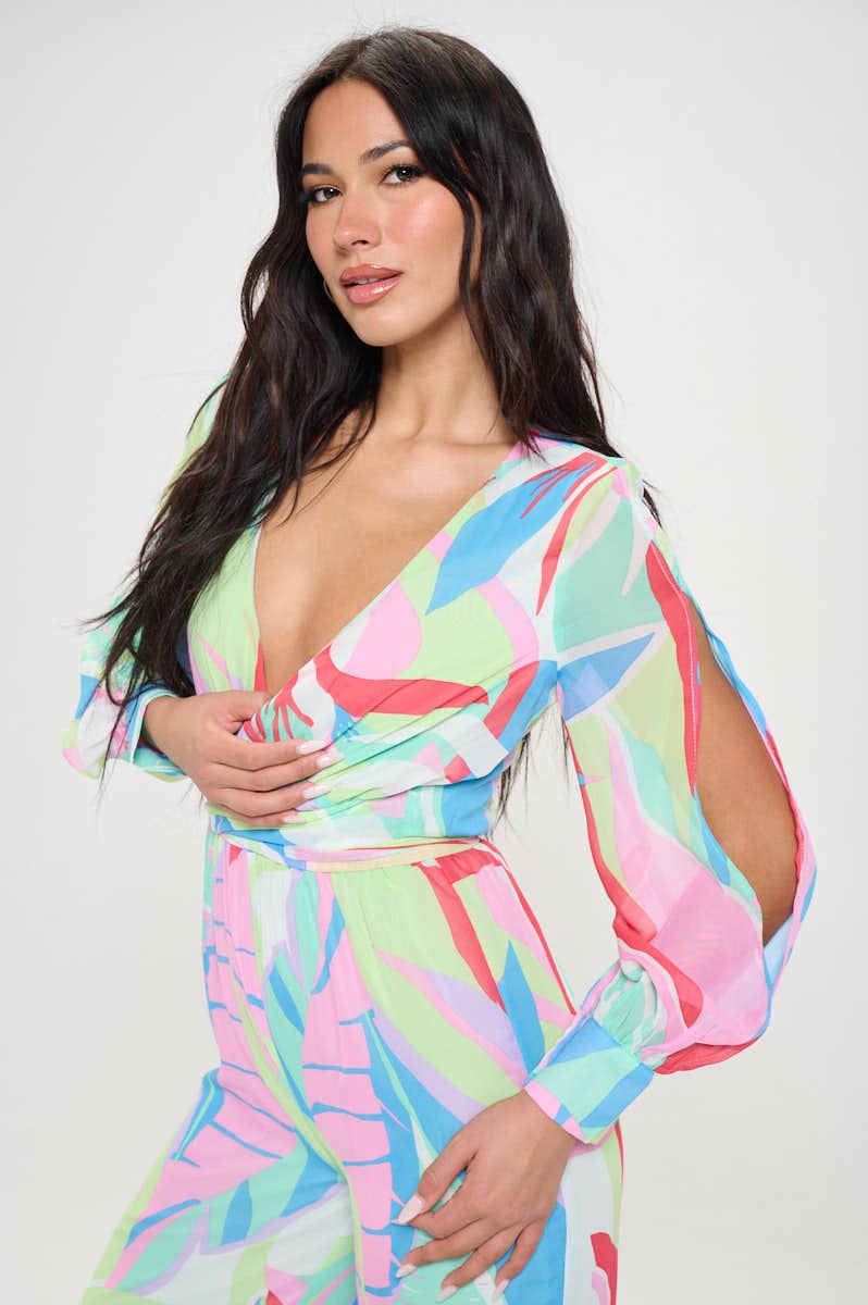 Colorful Palm Split Sleeve Jumpsuit