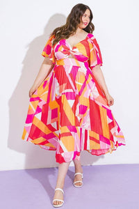'Dahlia' Geometric Print Midi Dress-Front Flared Out