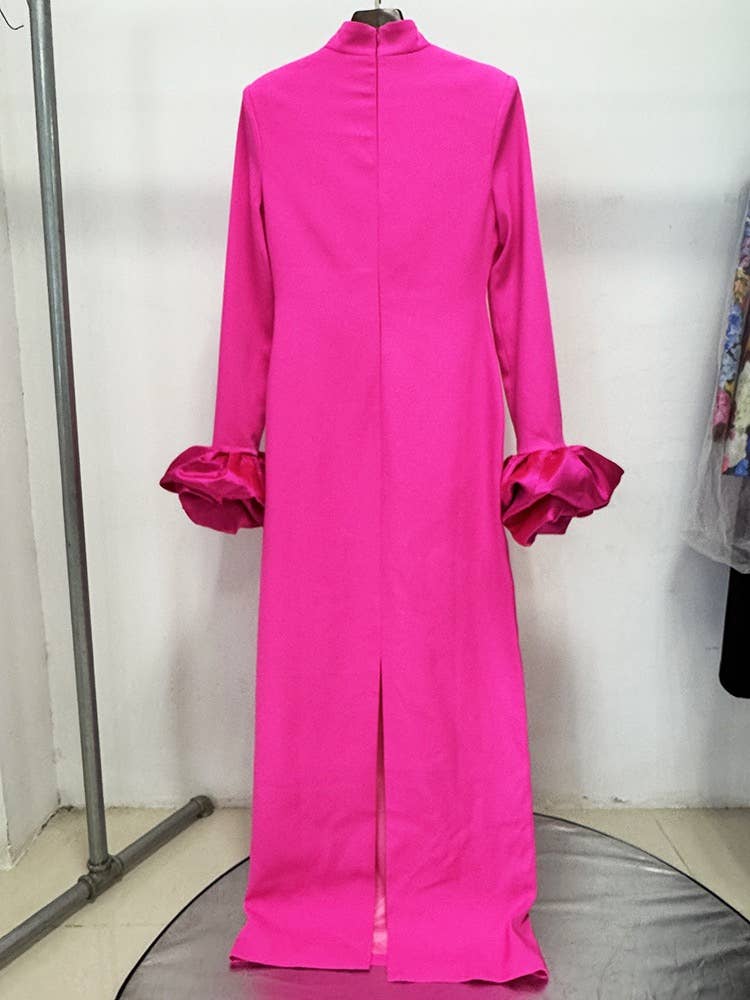 Fuchsia Long Sleeve Satin Ruffle Cuff Gown