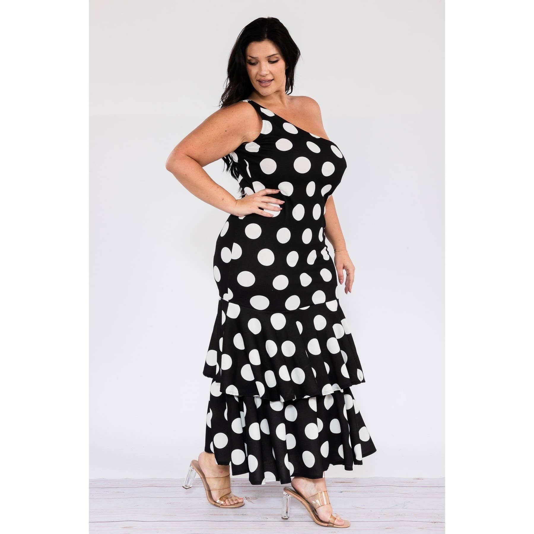 Polka Dot One Shoulder Ruffle Dress Rene' Tyler Plus Sizes 12 & Above Polka Dot One Shoulder Ruffle Dress Rene' Tyler Plus Sizes 12 & Above