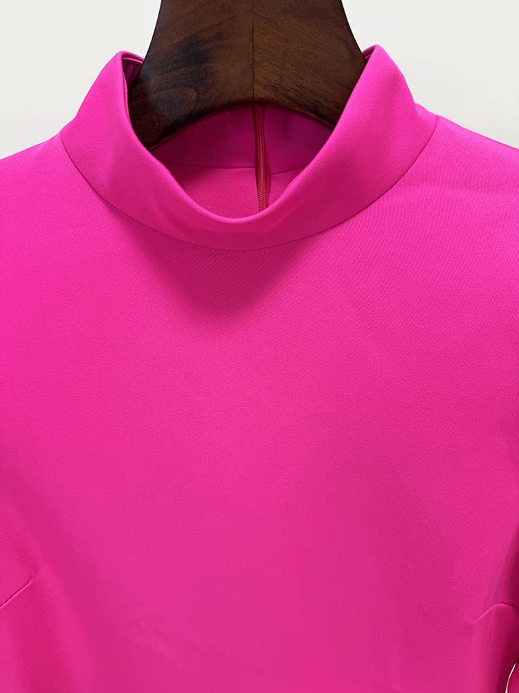 Fuchsia Long Sleeve Satin Ruffle Cuff Gown