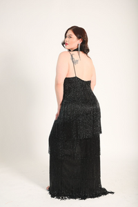 Beaded fringe gown, with a collar detail. One strap for extra support. Back zipper, and high split. 