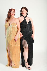 Beaded fringe gown, with a collar detail. One strap for extra support. Back zipper, and high split. 
