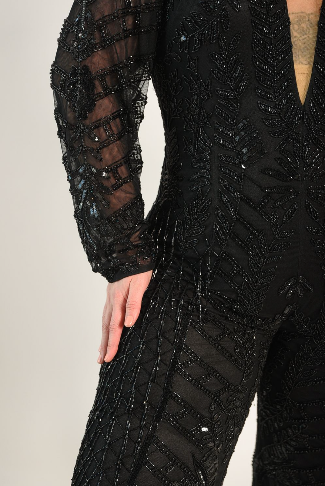 Beaded jumpsuit, with sheer sleeves. Sheer panel along the bust line. V-neckline. Back zipper. 
