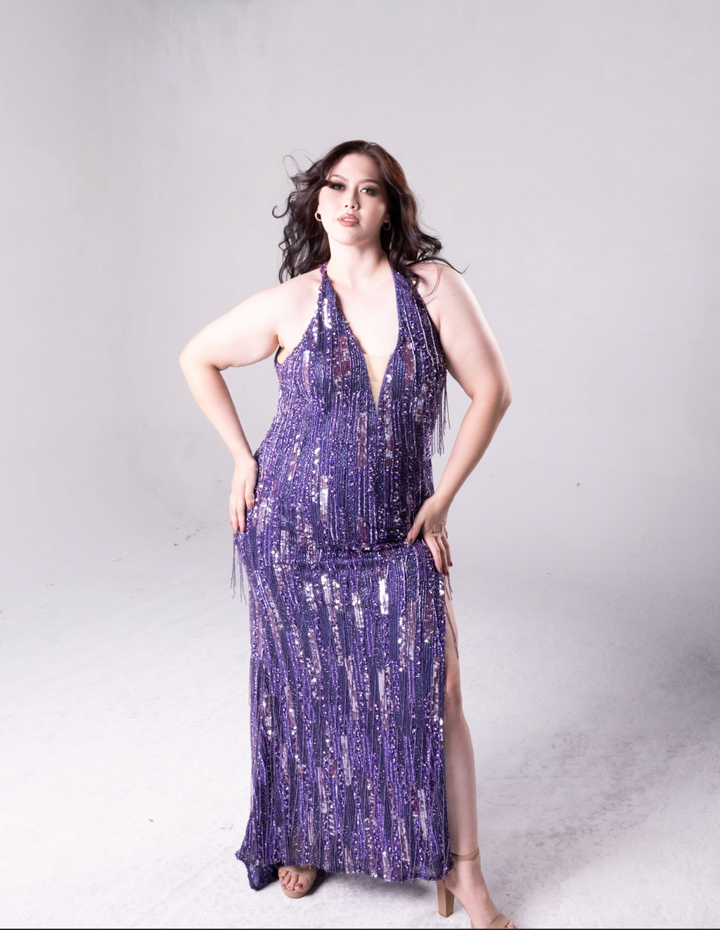 purple beaded gown with sequin and fringe silver details. High split, with a low open back. Halter neckline. 