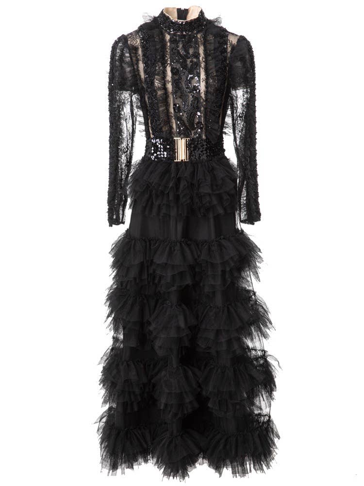 Black lace evening dress with a ruffled layered skirt on a white background