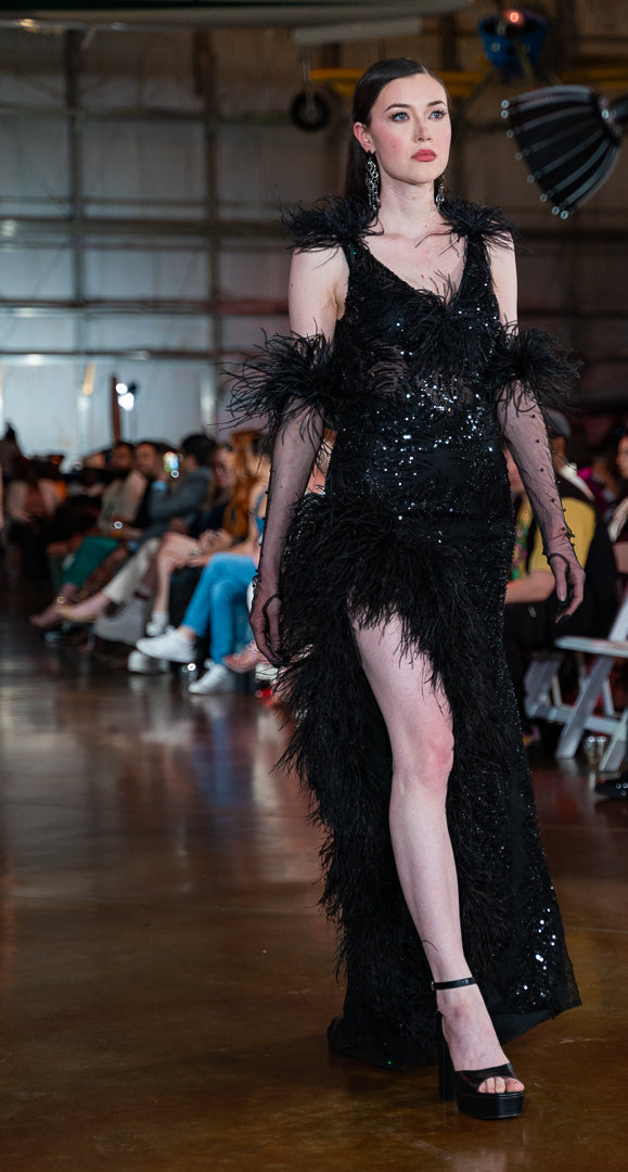 Black Feather Sheer Embellished Gown