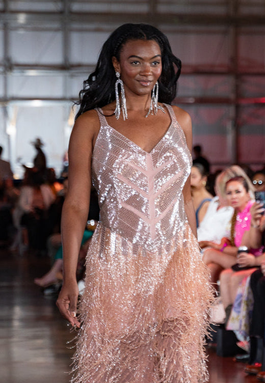 Blush Pink & Silver Beaded Fringe Gown