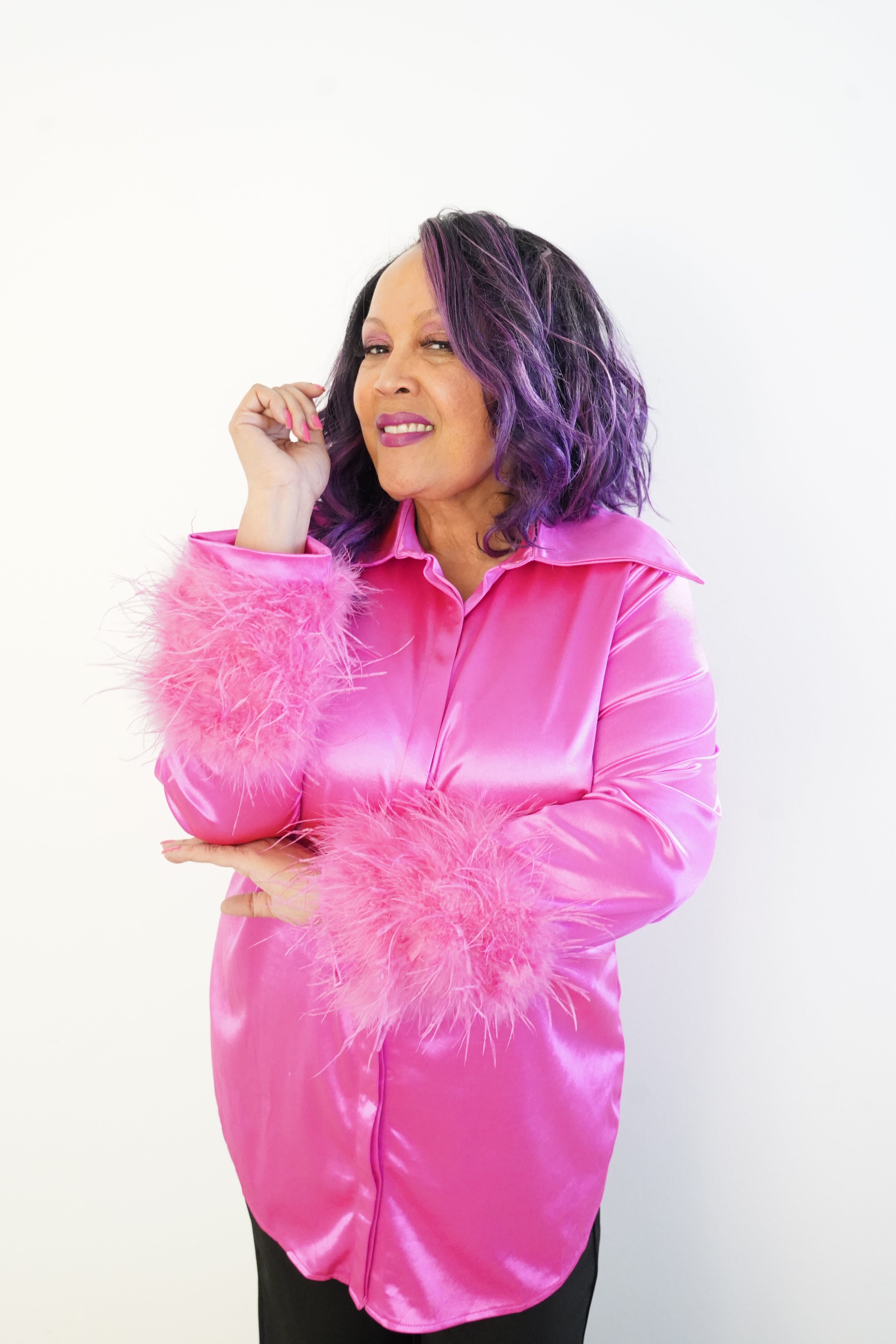 'Sabrina' Feather Cuff Blouse-Fuchsia 