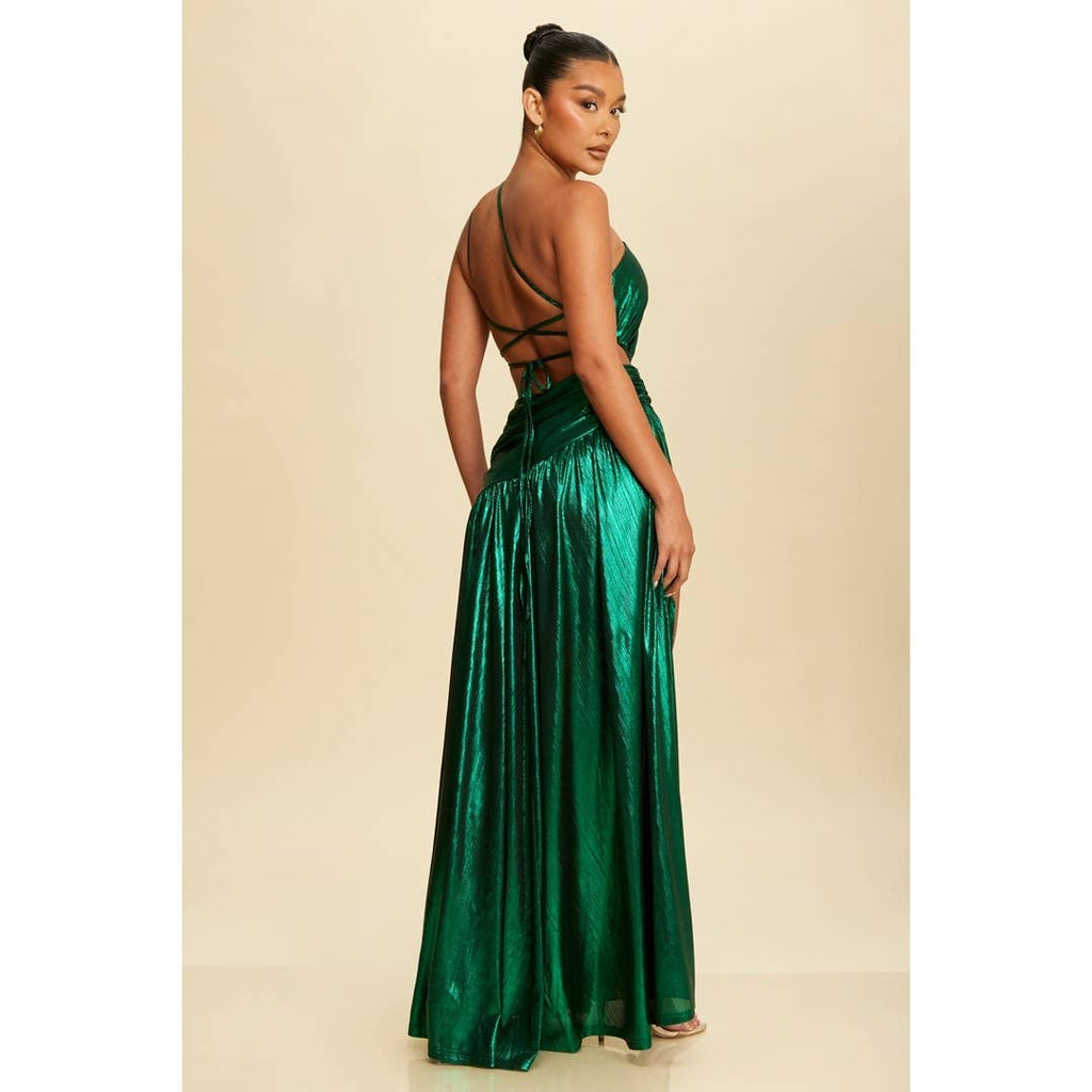 Green Metallic Open Back Ruched Gown