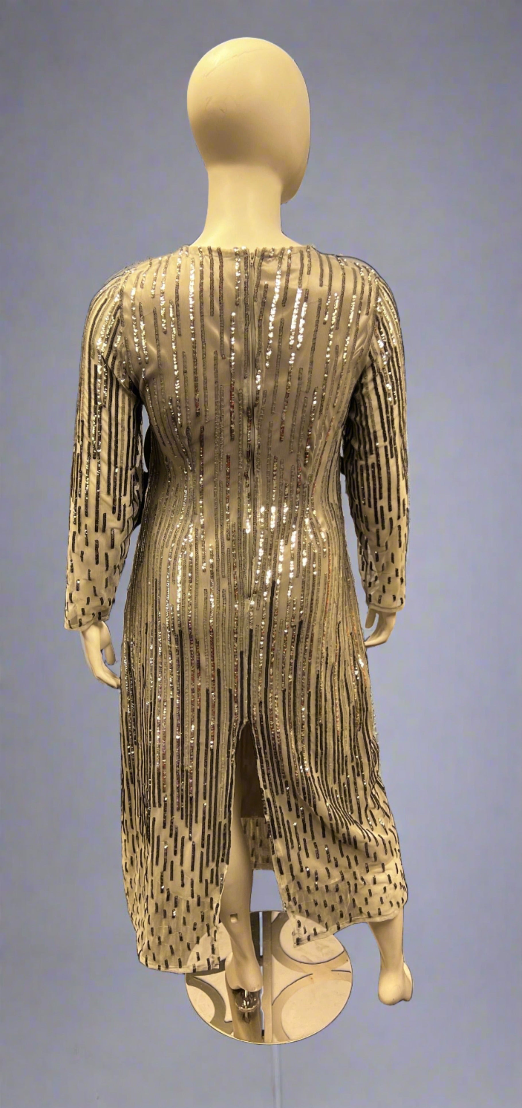 Rene' Tyler+ Silver Sequin Long Sleeve Gown-Back