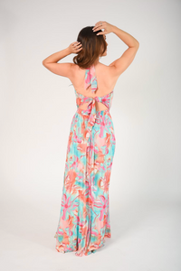 Floral print pleated halter maxi with convertible straps you can tie any way you'd like 