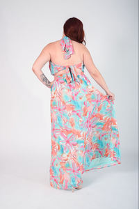 Floral print pleated halter maxi with convertible straps you can tie any way you'd like 