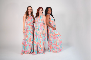 Floral print pleated halter maxi with convertible straps you can tie any way you'd like 
