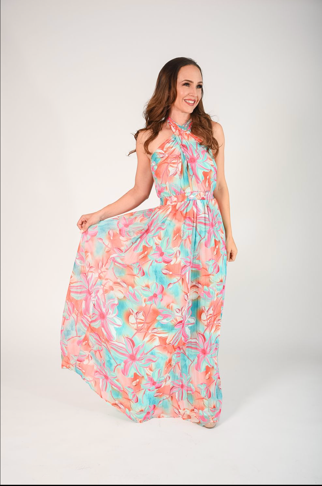 Floral print pleated halter maxi with convertible straps you can tie any way you'd like 