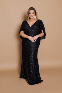 'Angelina' Sequin Cape Sleeve Gown- Front