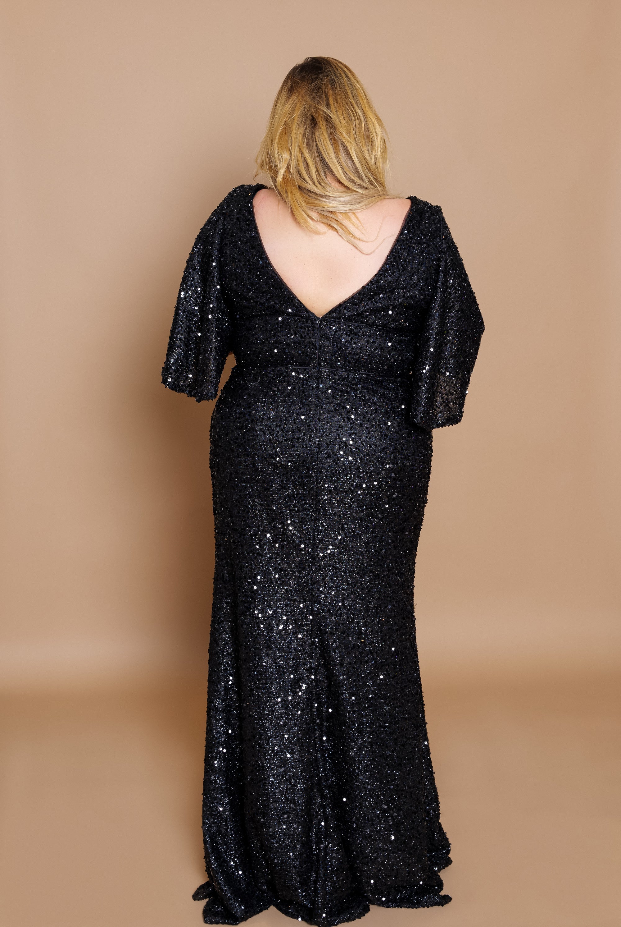 'Angelina' Sequin Cape Sleeve Gown- Back