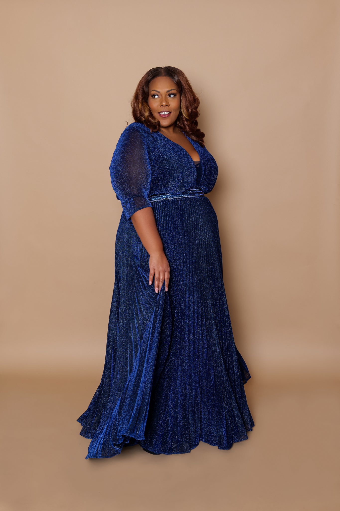 'Audrey' Glitter Pleated Gown- Navy Side View