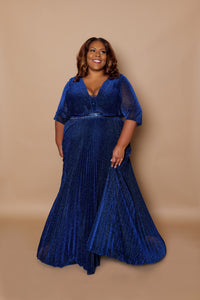 'Audrey' Glitter Pleated Gown- Navy Front