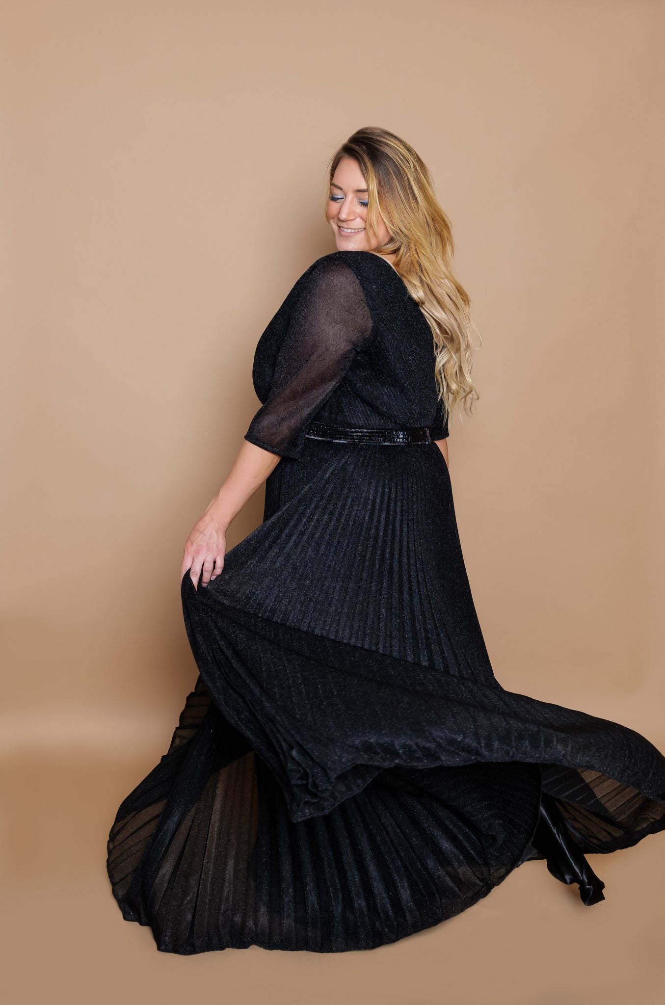 'Audrey' Glitter Pleated Gown- Black Side View 