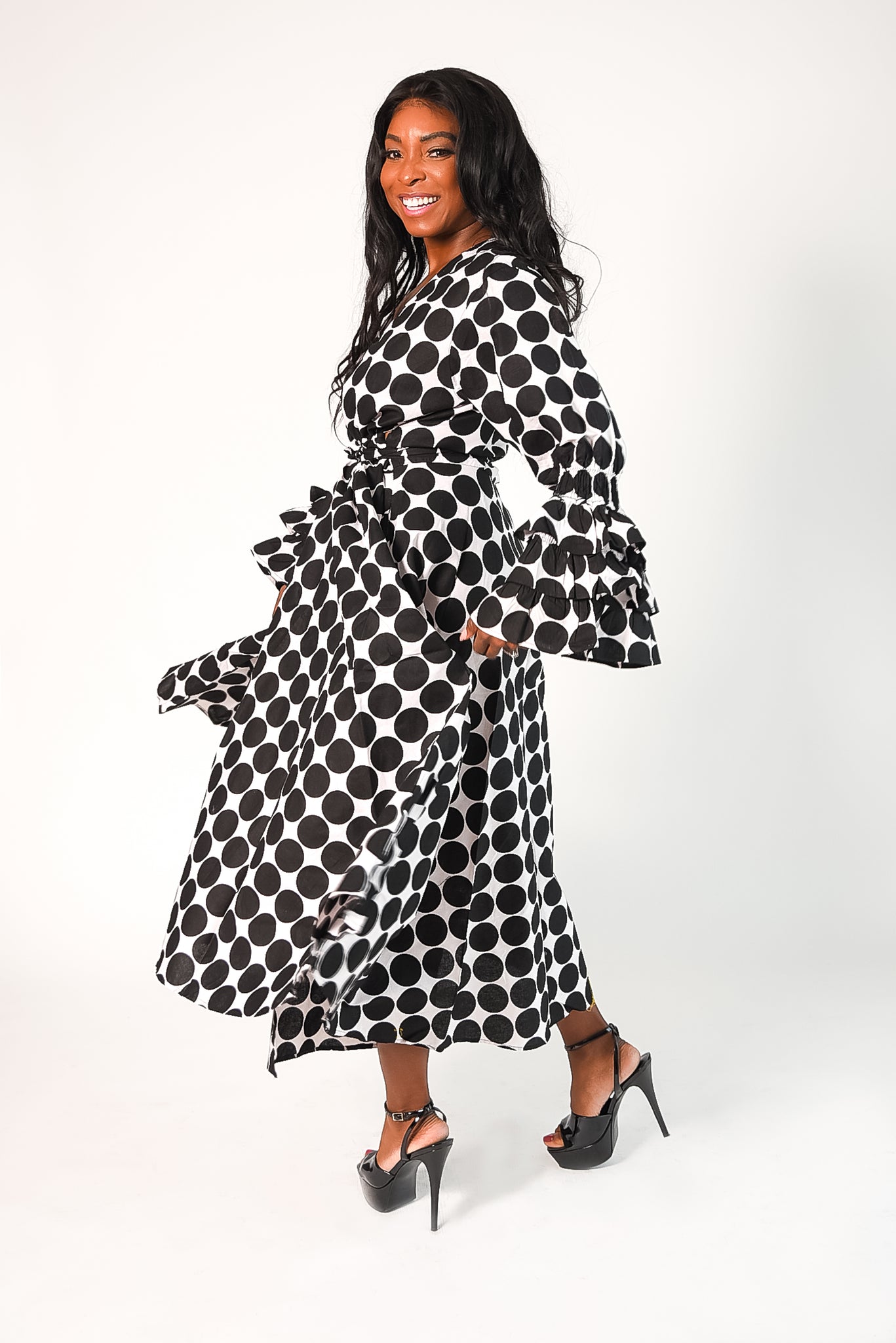 Maria Polka Dot Tiered Ruffle Sleeve Wrap Dress