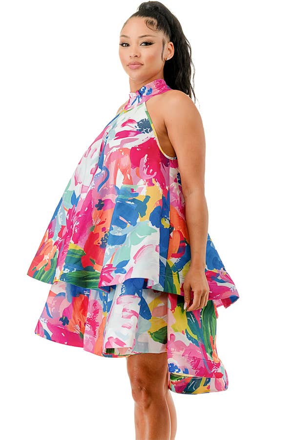 Multicolor Floral Halter Ruffle Dress