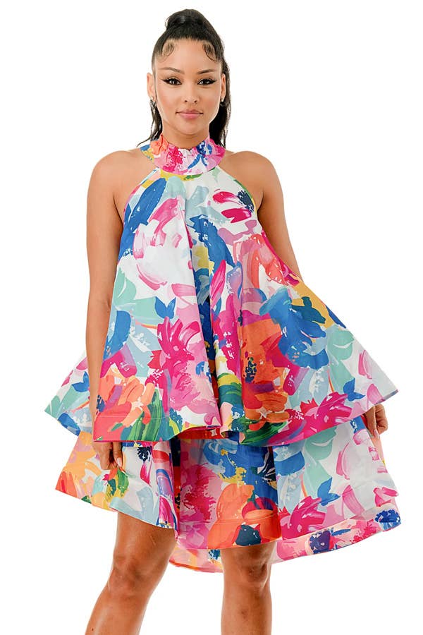 Multicolor Floral Halter Ruffle Dress