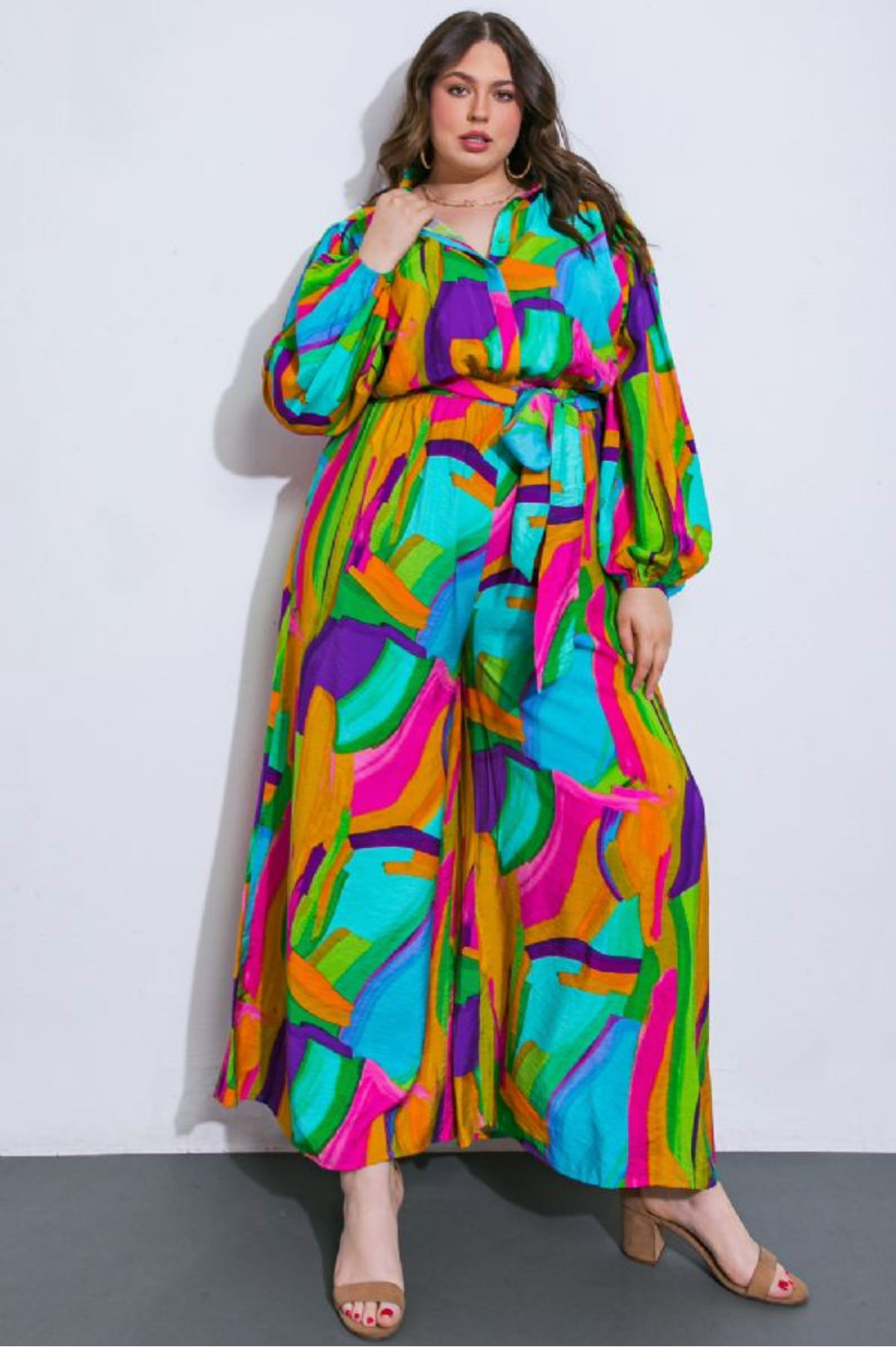 Multicolored Geometric Collared Jumpsuit