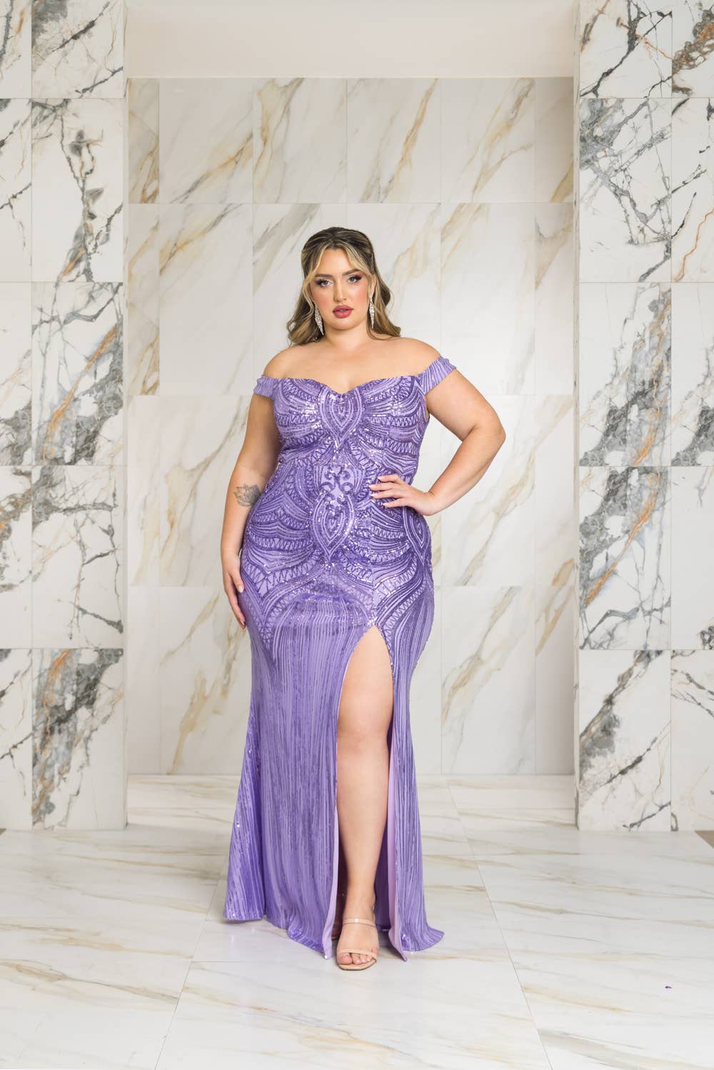 Off The Shoulder Sequin Split Gown