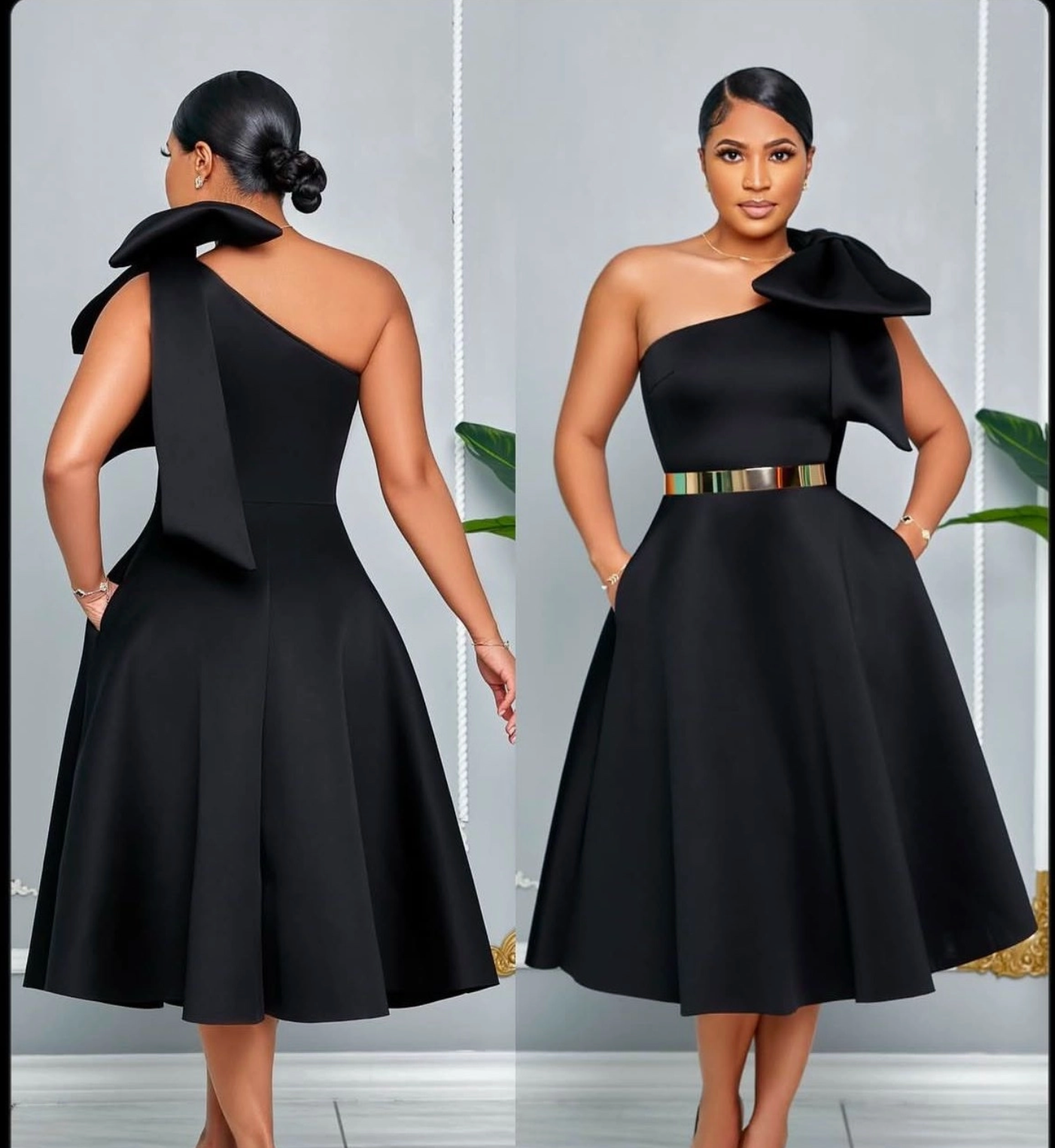 One Shoulder Bow Midi Dress