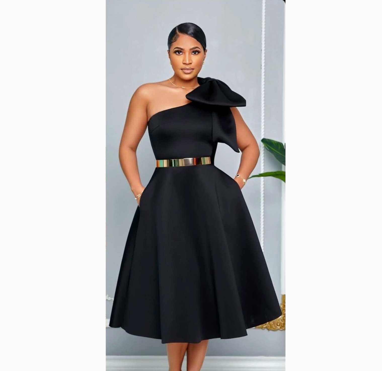 One Shoulder Bow Midi Dress
