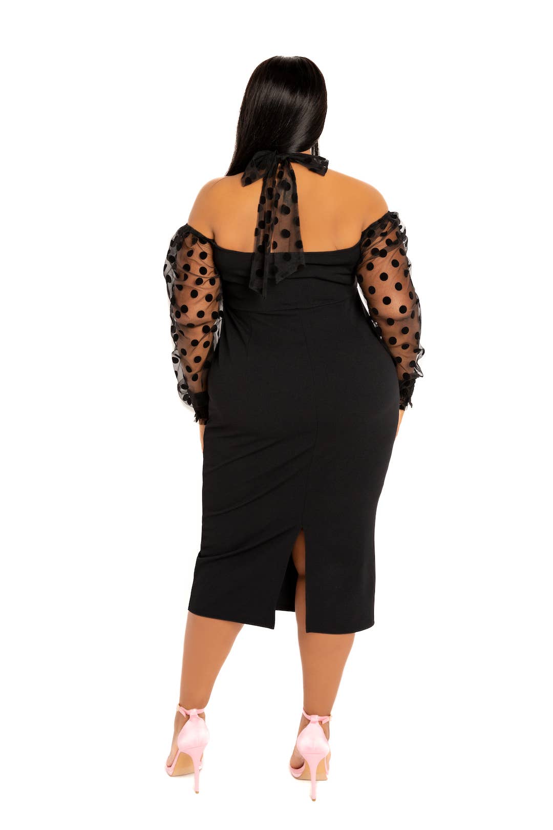 Polka Dot Mesh Halter Midi Dress