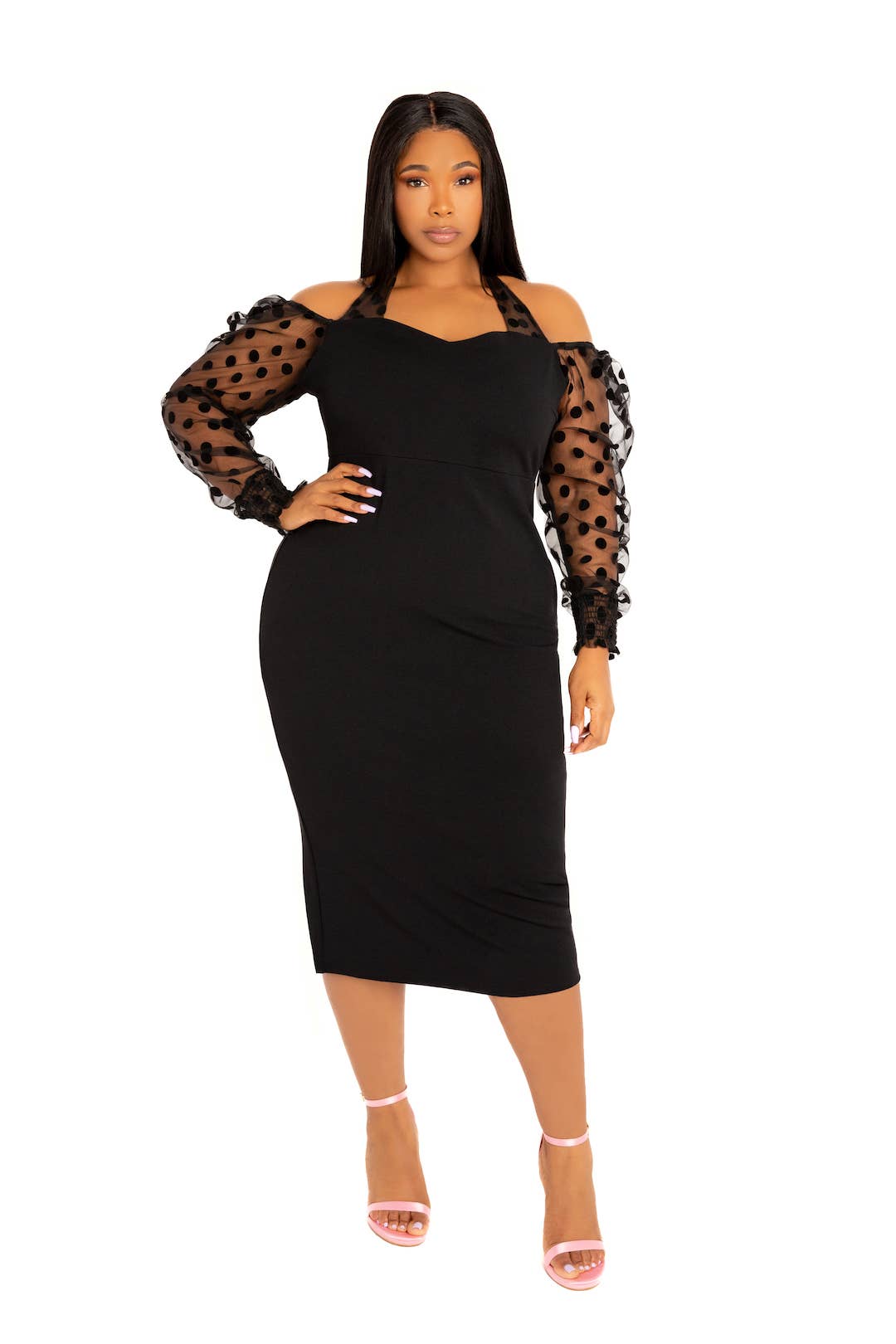 Polka Dot Mesh Halter Midi Dress