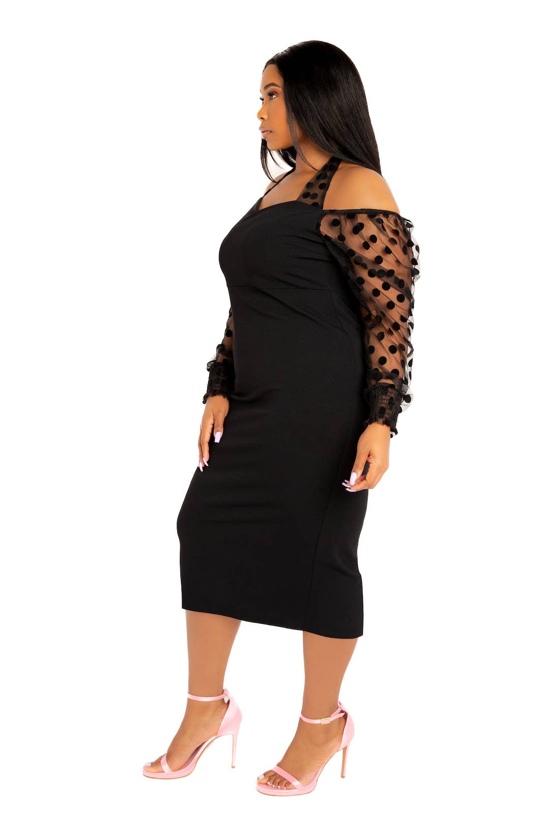 Polka Dot Mesh Halter Midi Dress