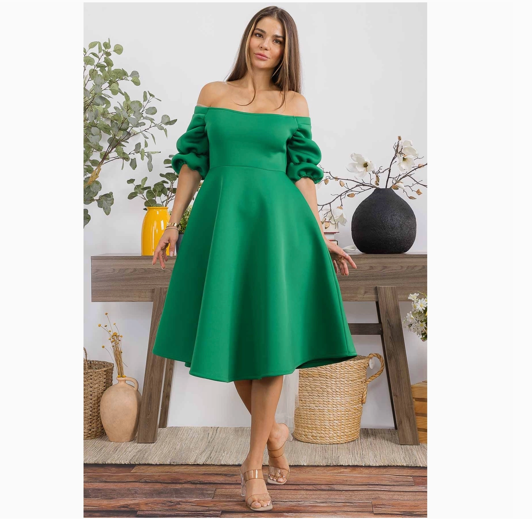 Off The Shoulder Ruched Sleeve Midi Dress