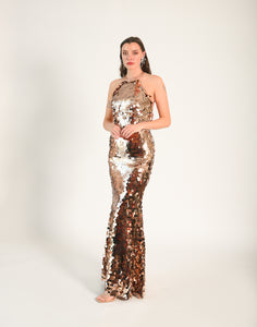 Sequin disc gown, with an open back. Beaded material along the straps at the neck and the back of the gown. Low zipper in the back. 