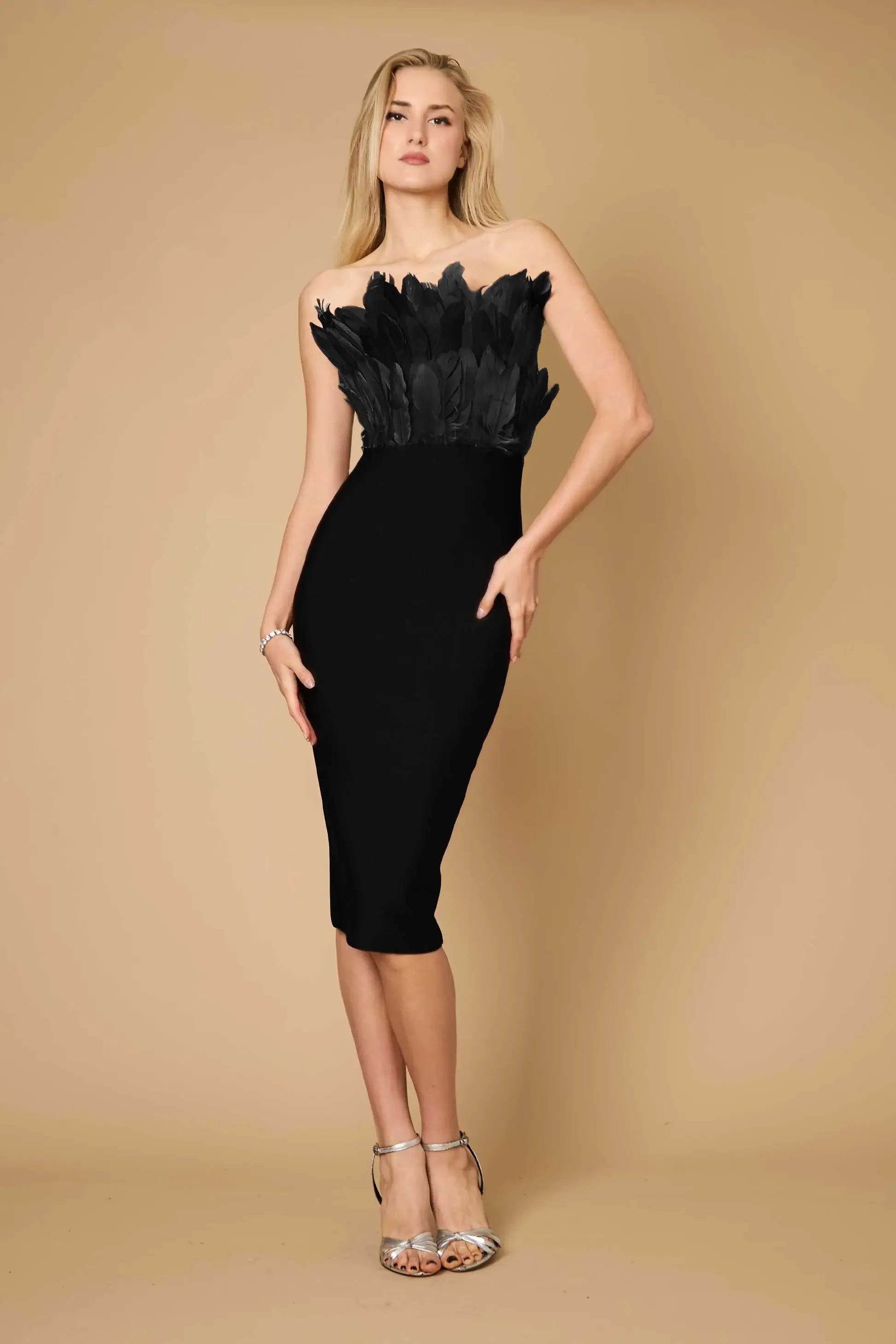 Strapless Feather Bandage Dress Rene' Tyler Plus Sizes 12 & Above Strapless Feather Bandage Dress Rene' Tyler Plus Sizes 12 & Above