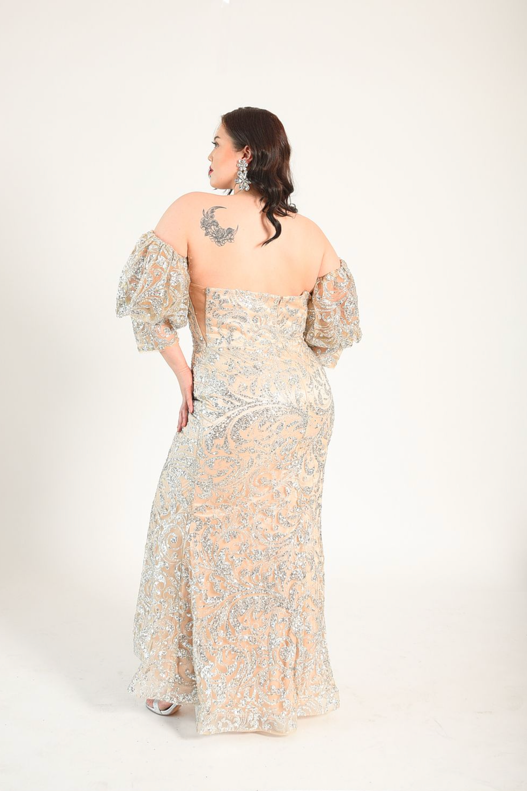 Classic formal gown with an elegant glitter sequin pattern. Plain zipper back. Sleeves are removeable for another look. 