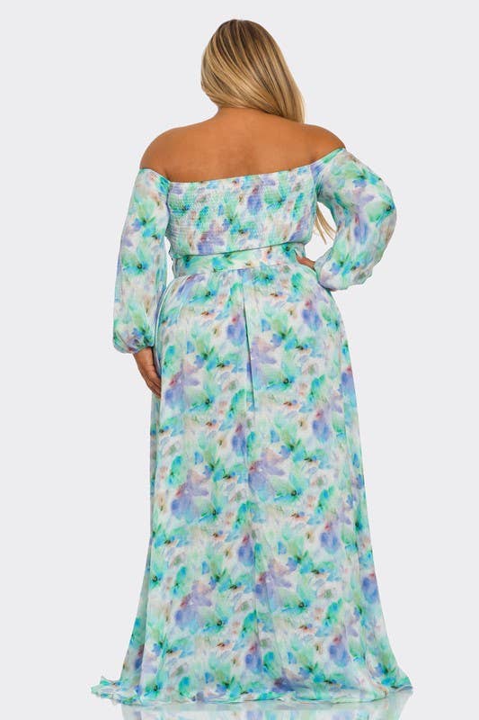Watercolor Floral Off Shoulder Belted Dress