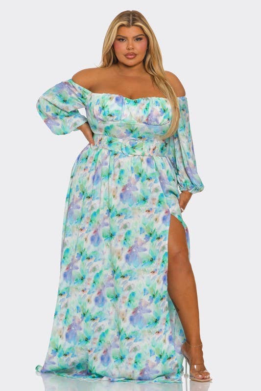 Watercolor Floral Off Shoulder Belted Dress