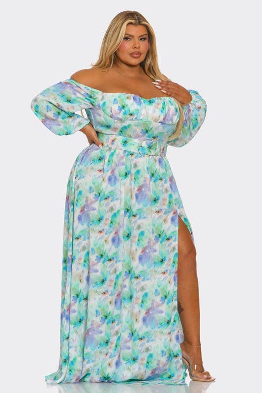 Watercolor Floral Off Shoulder Belted Dress
