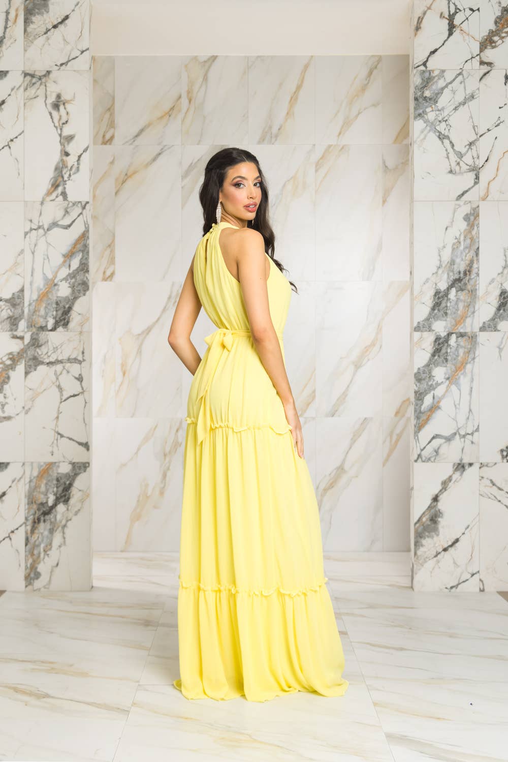 Ruffle Maxi Dress W/ Flower Broach