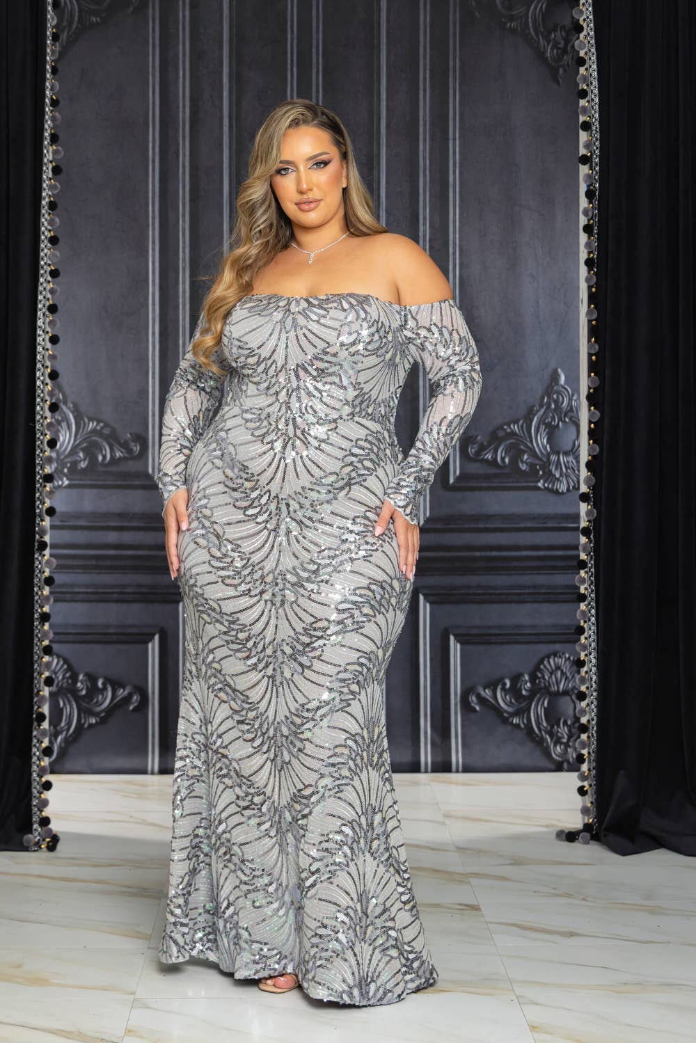 Off Shoulder Iridescent Sequin Gown