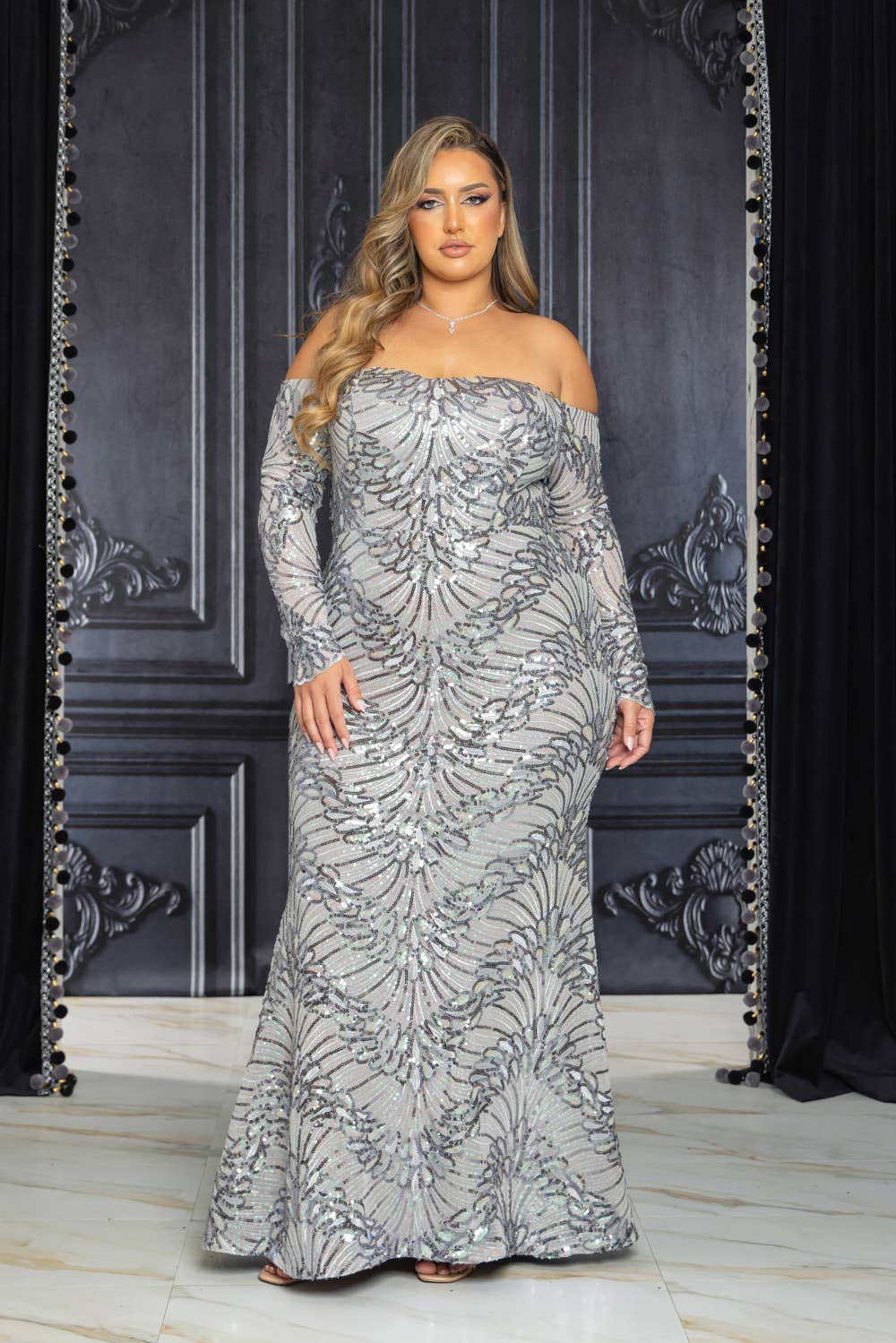 Off Shoulder Iridescent Sequin Gown